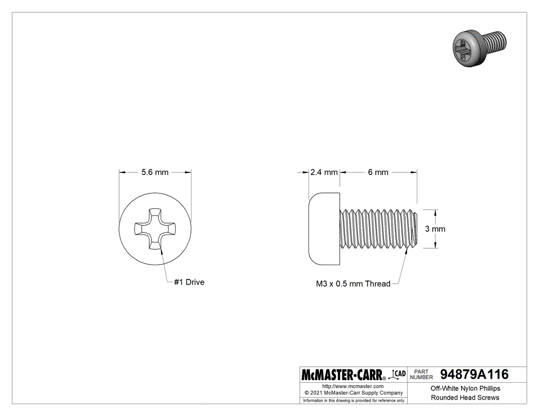 Technical Drawing of Nylon Pan Head Phillips Screws, M3 x 0.50 mm Thread, 6mm.